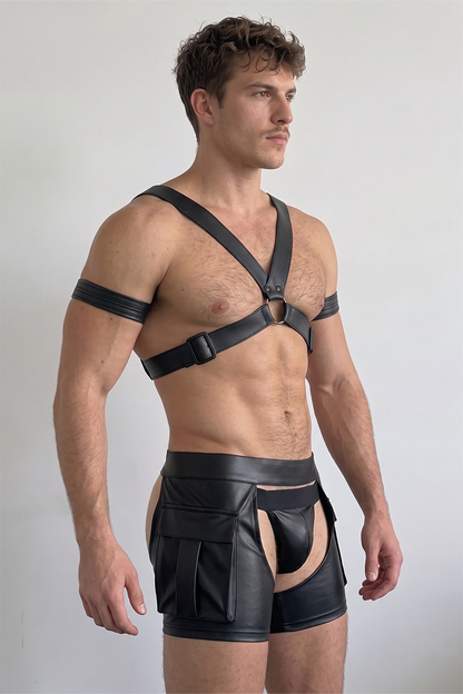 Joylgbt Men’s PU Leather  X Harness Shorts Set