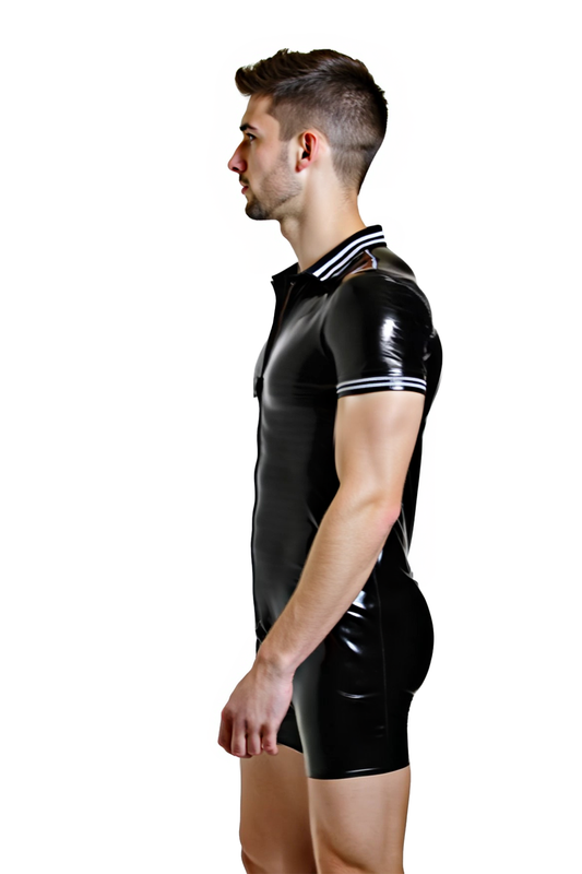 Joylgbt Men's High-Gloss Black Polo Jumpsuit | Short Sleeve Bodycon with Stripes & Front Zipper