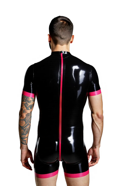 Men’s Glossy Black PU Leather Fetish Bodysuit with Pink Trim – Short Sleeve Romper | JoyLGBT
