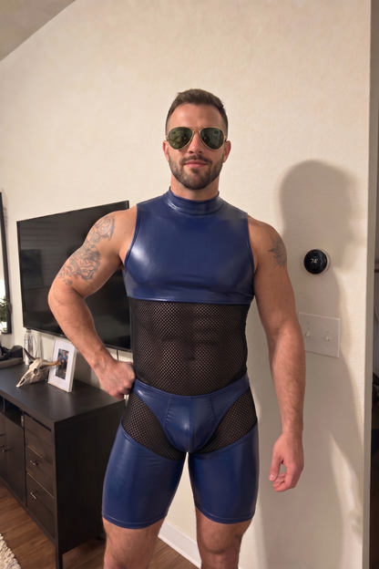 Joylgbt Men’s Blue Black High-Neck Bodysuit Shorts