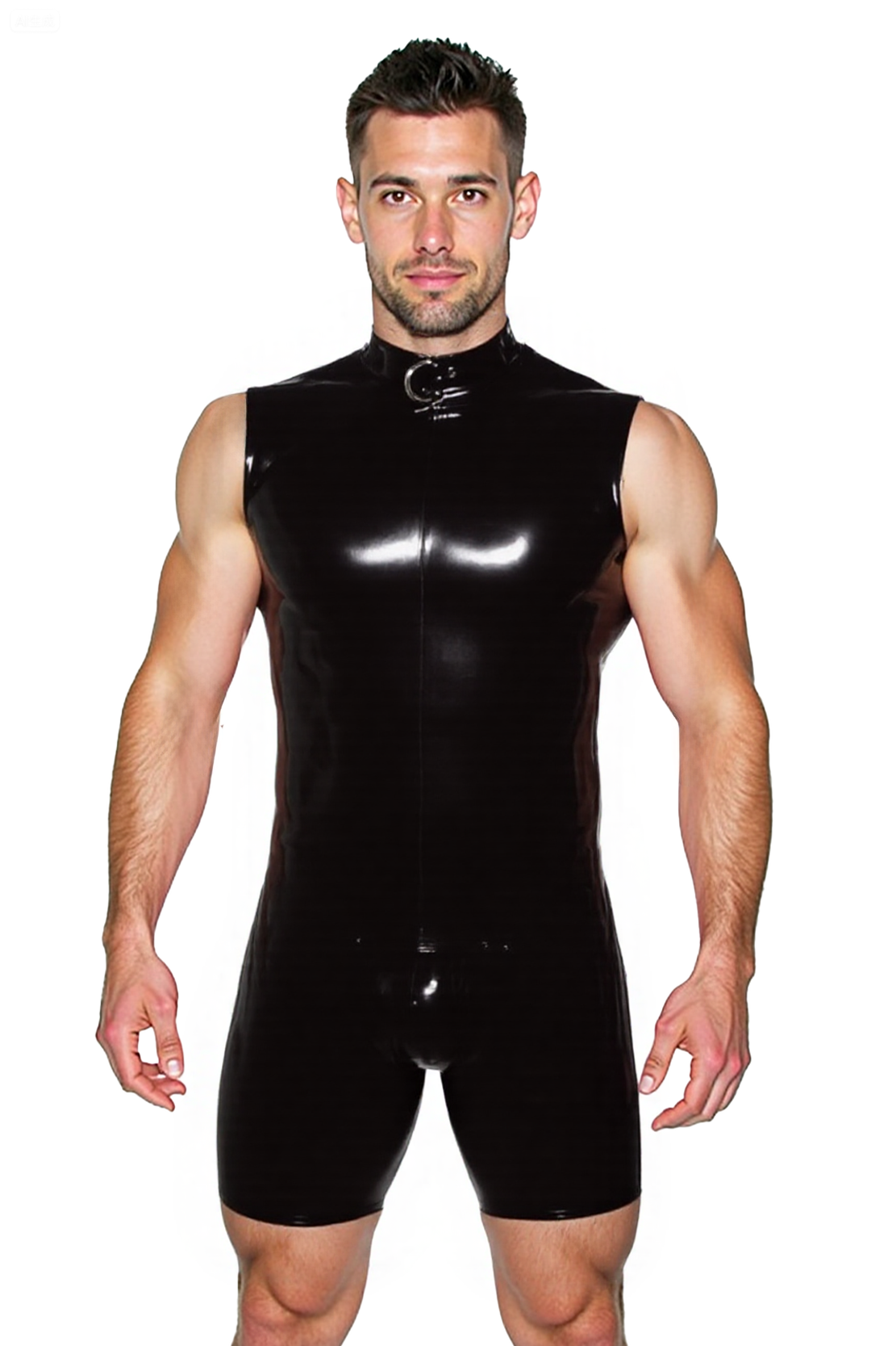 Joylgbt's Men’s Black Faux Leather Sleeveless Bodysuit with Zipper Back & Open Butt