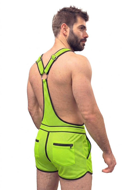 Joy-lgbt Men’s Black Yellow Cut-Out Mesh Bodysuit Shorts