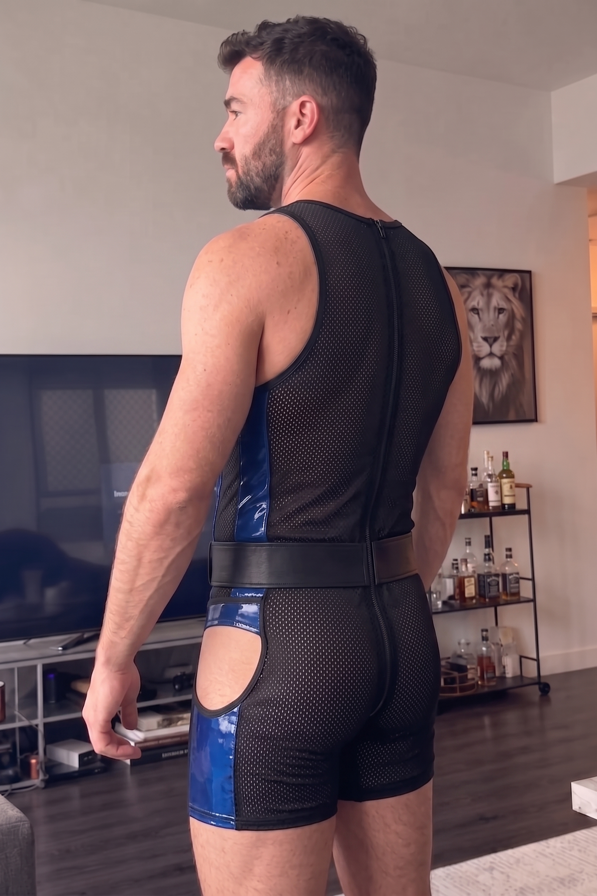 Joy-lgbt Men’s Black Blue Mesh Bodysuit Shorts