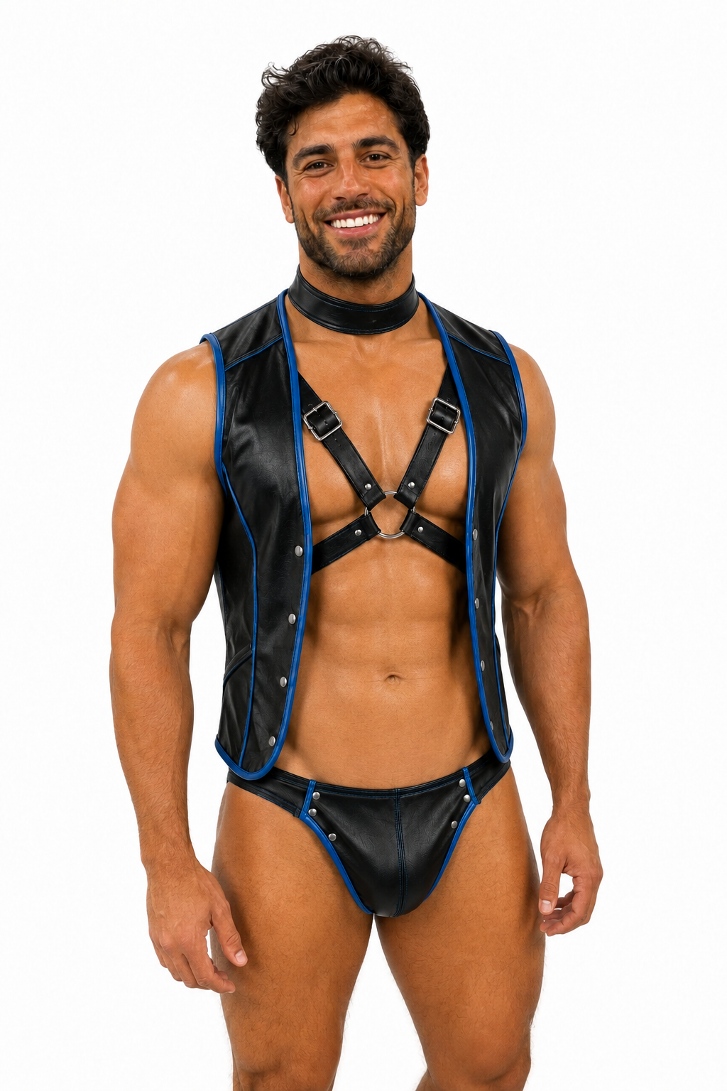 Joy-lgbt Men’s Black Blue Faux Leather Vest Harness 3-Piece Set