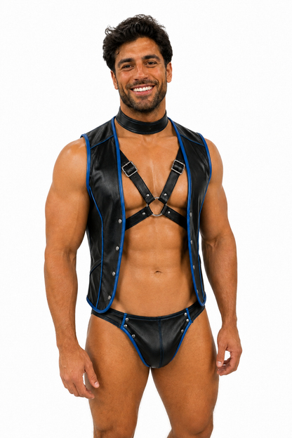 Joy-lgbt Men’s Black Blue Faux Leather Vest Harness 3-Piece Set