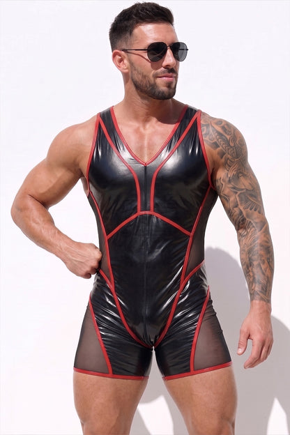 Joy-lgbt Men’s Black Red Glossy V-Neck Mesh Bodysuit Shorts