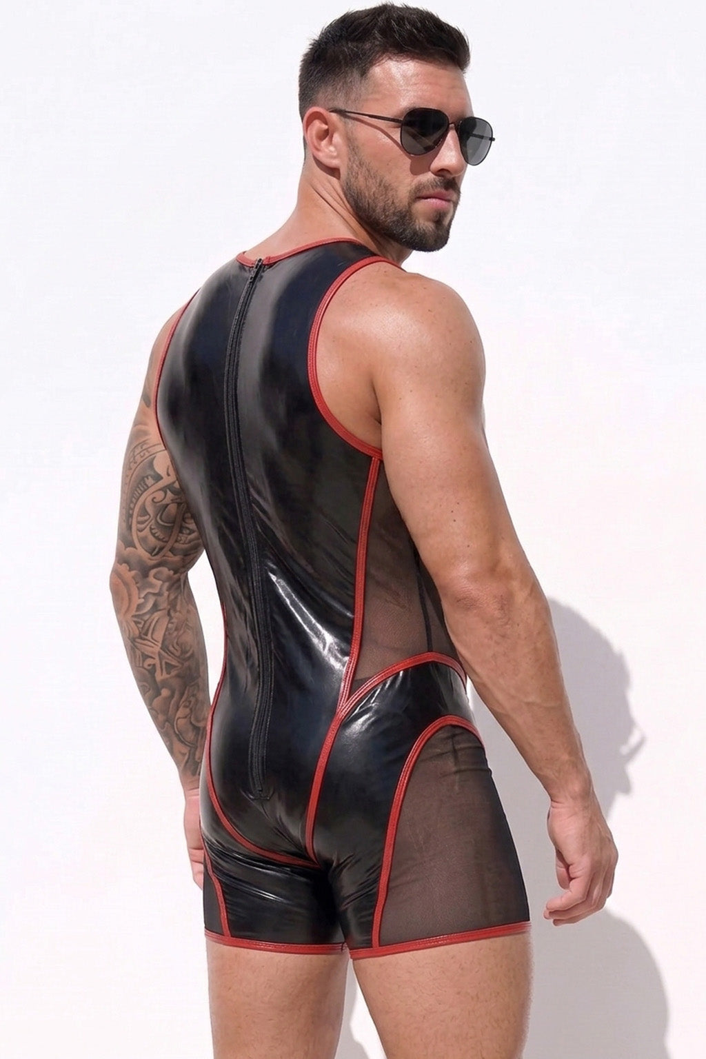 Joy-lgbt Men’s Black Red Glossy V-Neck Mesh Bodysuit Shorts