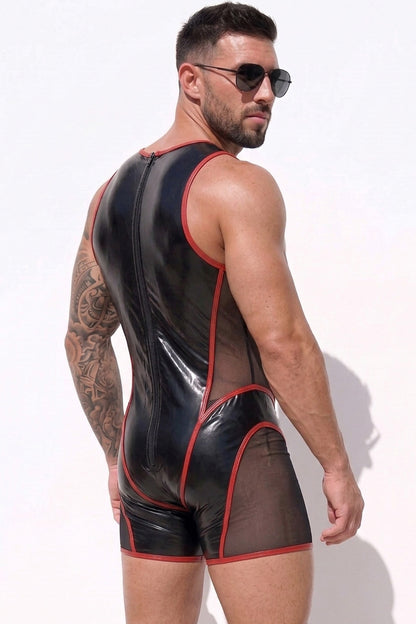 Joy-lgbt Men’s Black Red Glossy V-Neck Mesh Bodysuit Shorts