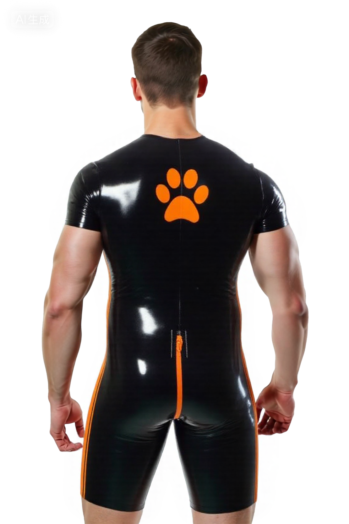 Joylgbt's Men’s Shiny Black Leather Bodysuit with Orange Paw Print and Full Zipper