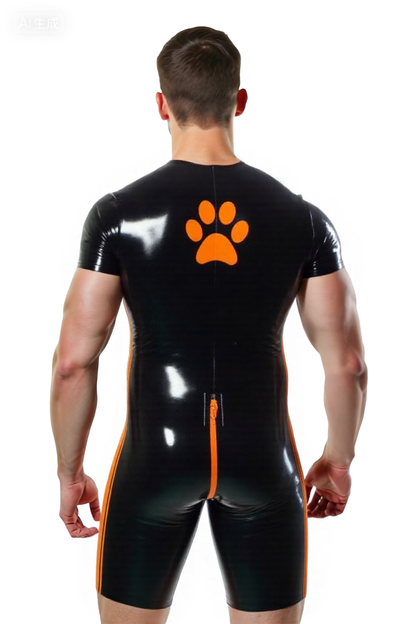 Joylgbt's Men’s Shiny Black Leather Bodysuit with Orange Paw Print and Full Zipper