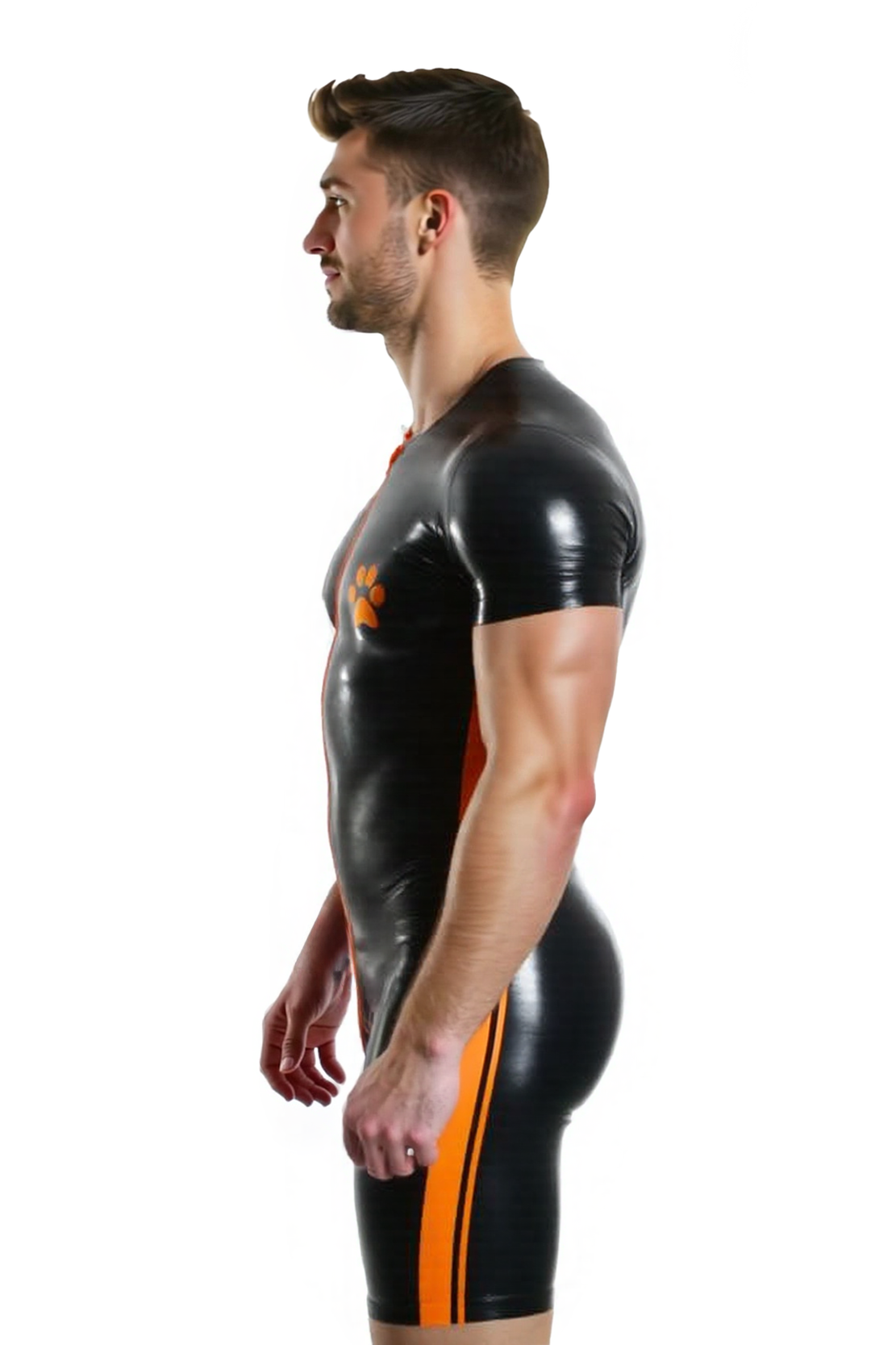 Joylgbt's Men’s Shiny Black Leather Bodysuit with Orange Paw Print and Full Zipper