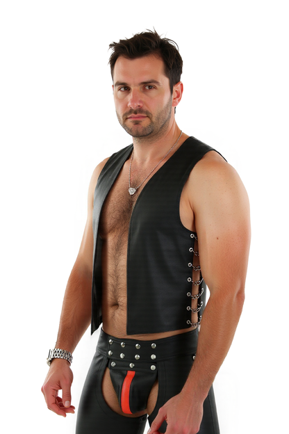 Joylgbt‘s Men’s Faux Leather Vest & Studded Open-Crotch Shorts Set