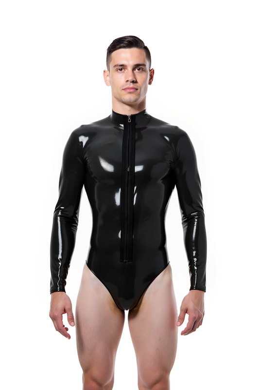 Joylgbt Men's High-Gloss Black & Sheer Geometric Catsuit | Full Bodycon Jumpsuit with Front Zipper