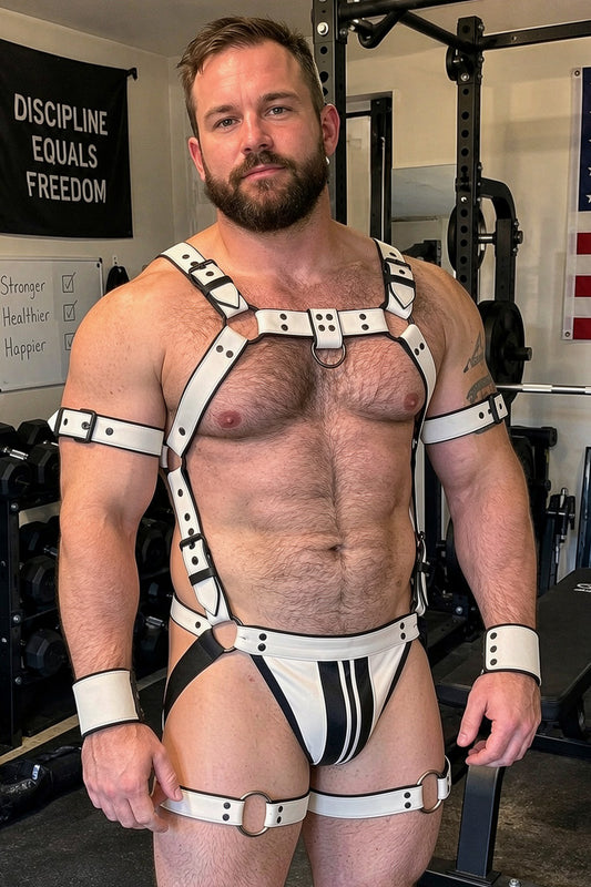 Joy-lgbt Men’s White Faux Leather Full-Body Harness Brief Set
