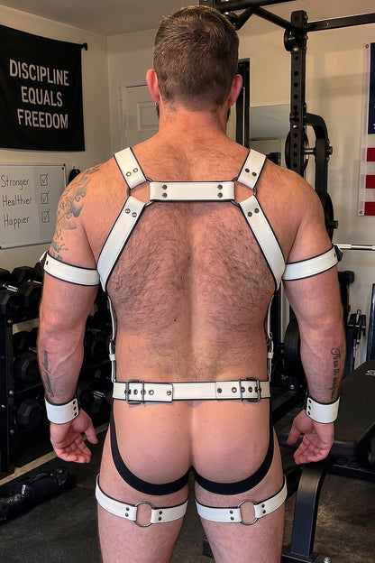 Joy-lgbt Men’s White Faux Leather Full-Body Harness Brief Set