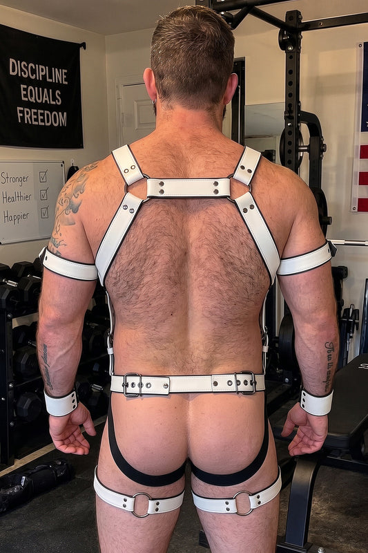 Joy-lgbt Men’s White Faux Leather Full-Body Harness Brief Set