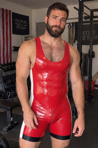Joy-lgbt Men’s Red Glossy Zip-Front One-Piece Shorts