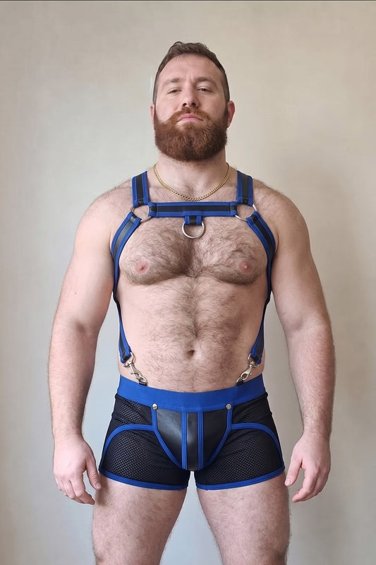 Joy-lgbt Men’s Blue Black Harness Mesh Shorts Set