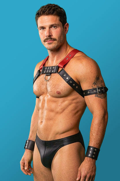 Joy-lgbt Red Black Faux Leather Chest Harness & Brief Set
