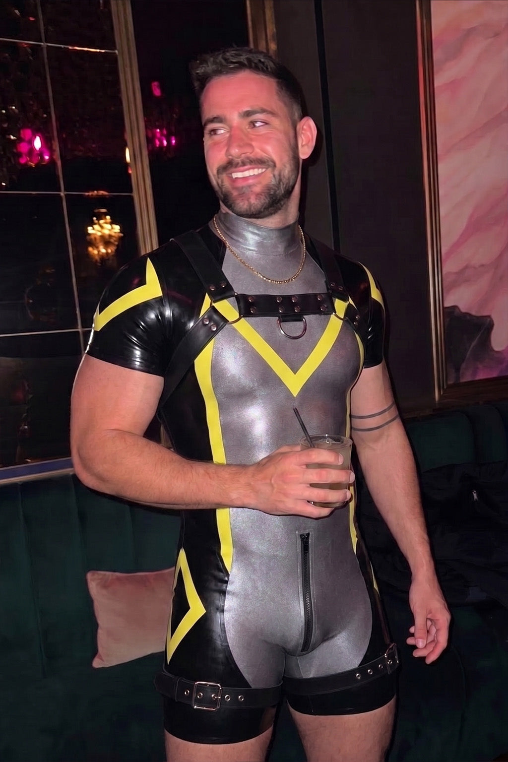 Joy-lgbt Silver Black Yellow Glossy Harness Bodysuit Shorts