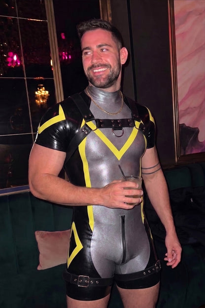 Joy-lgbt Silver Black Yellow Glossy Harness Bodysuit Shorts