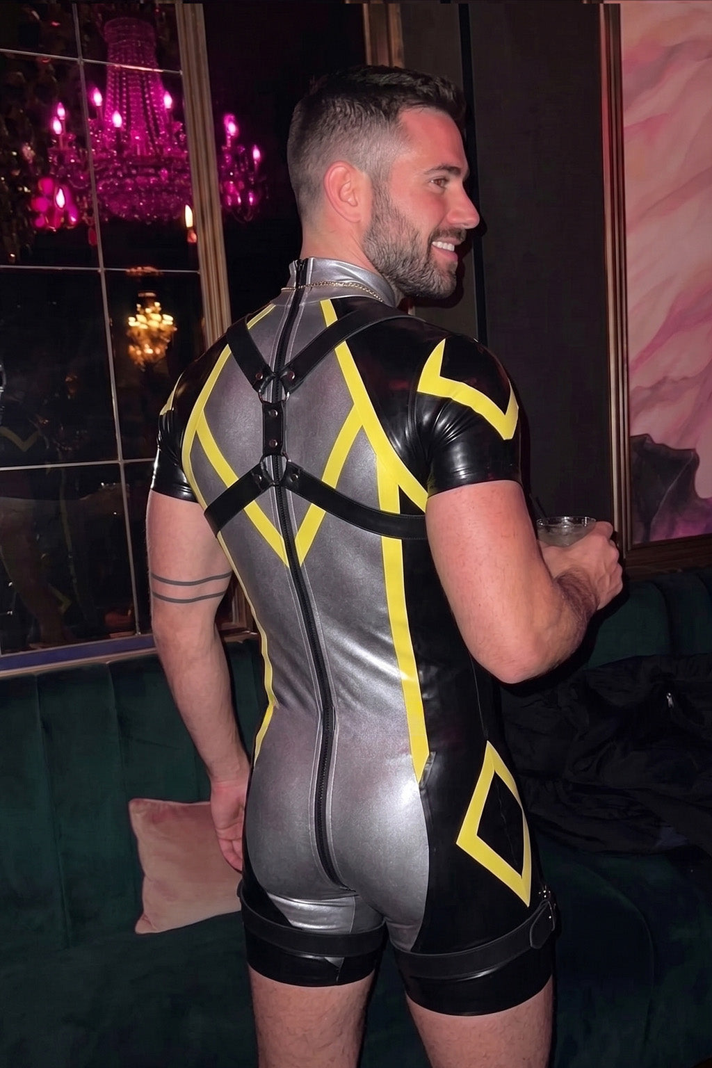 Joy-lgbt Silver Black Yellow Glossy Harness Bodysuit Shorts