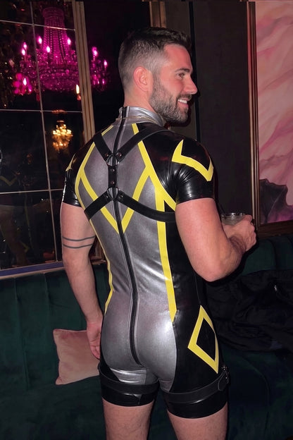 Joy-lgbt Silver Black Yellow Glossy Harness Bodysuit Shorts