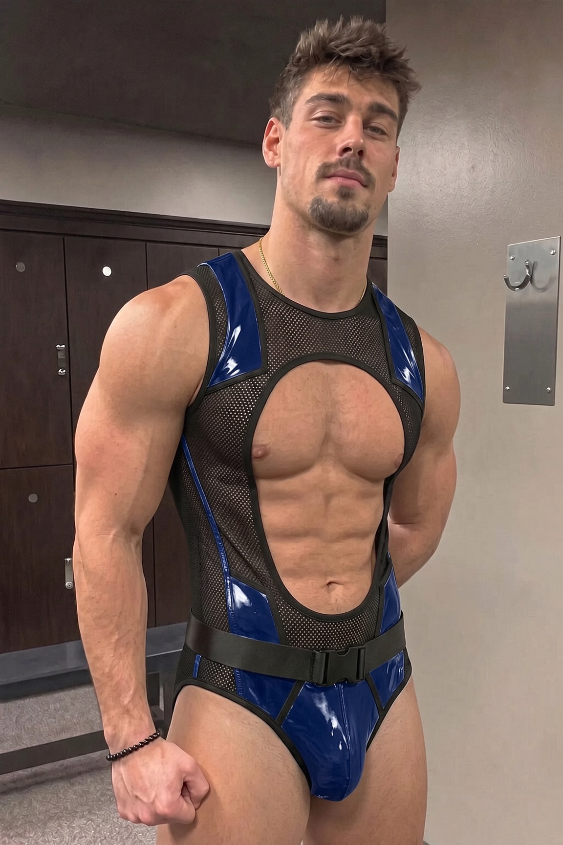 Joylgbt Men’s Blue Mesh Cut-Out Belted Bodysuit