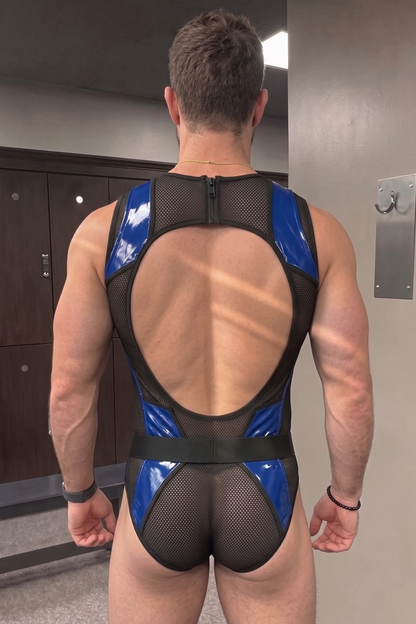 Joylgbt Men’s Blue Mesh Cut-Out Belted Bodysuit