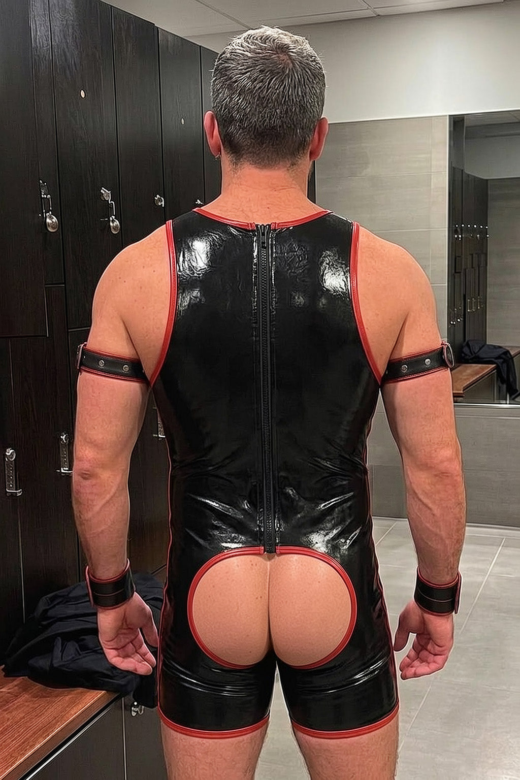 Joy-lgbt Black Red Trim Glossy Sleeveless Bodysuit Shorts