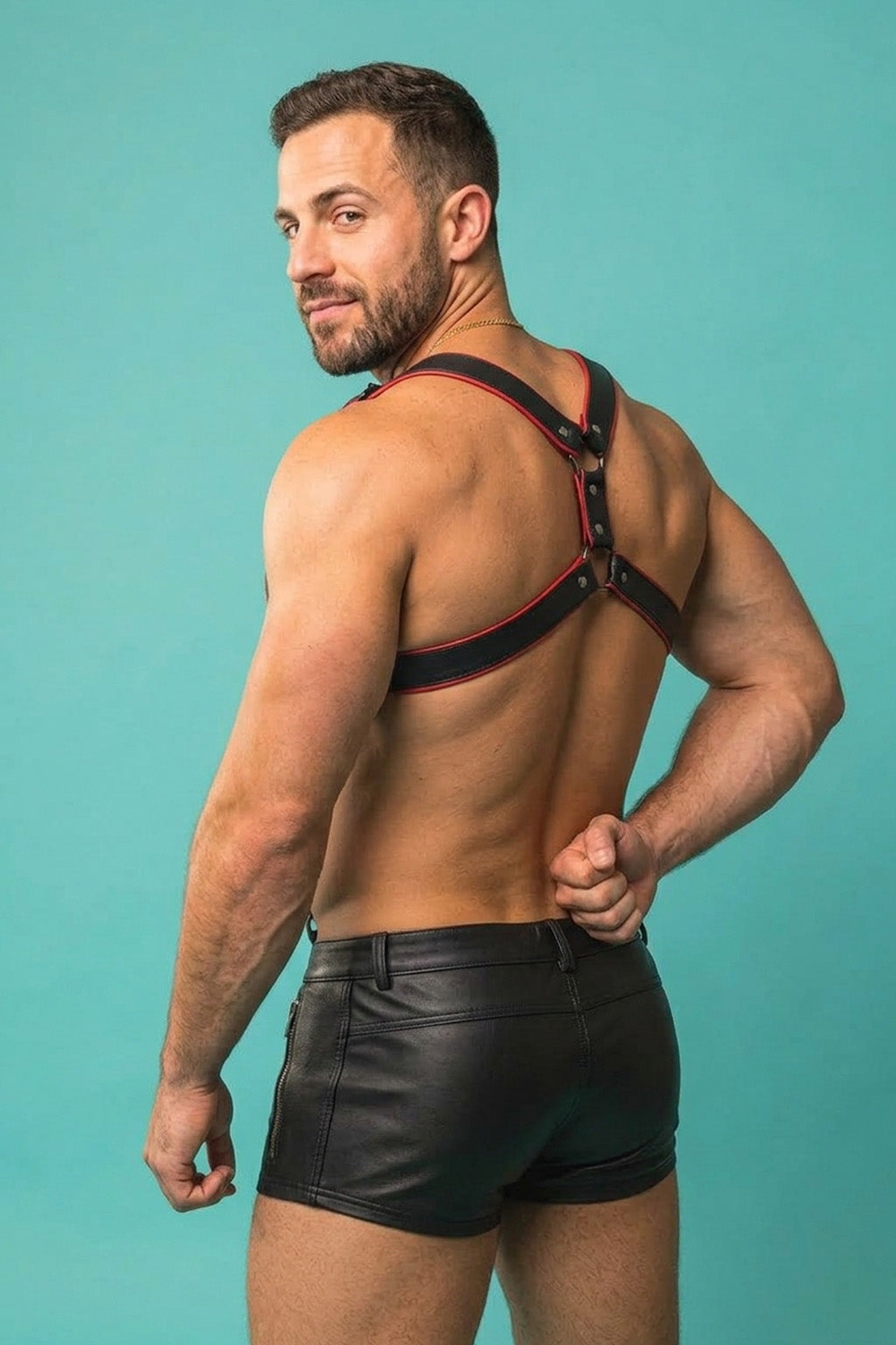 Joy-lgbt Black Red Faux Leather Chest Harness & Shorts Set
