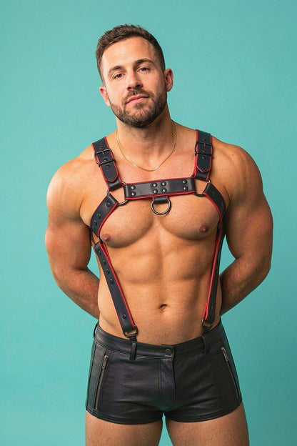 Joy-lgbt Black Red Faux Leather Chest Harness & Shorts Set