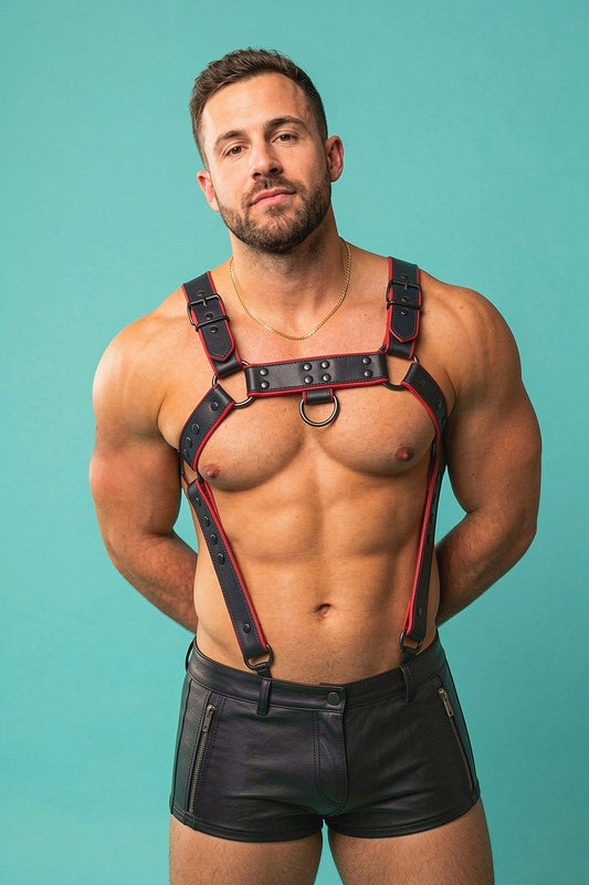 Joy-lgbt Black Red Faux Leather Chest Harness & Shorts Set