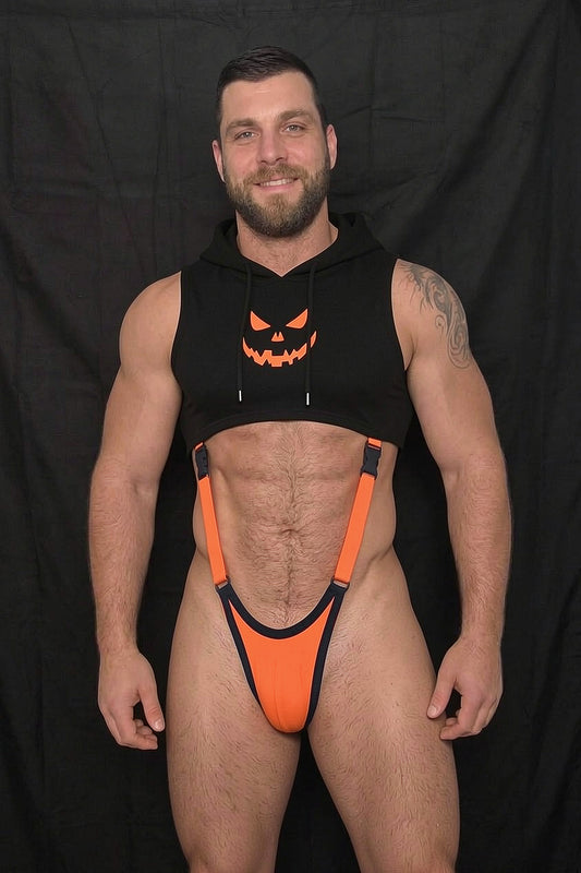 Joy-lgbt Black & Orange Halloween Cropped Hooded Suspender Set — Pumpkin Graphic Party Wear
