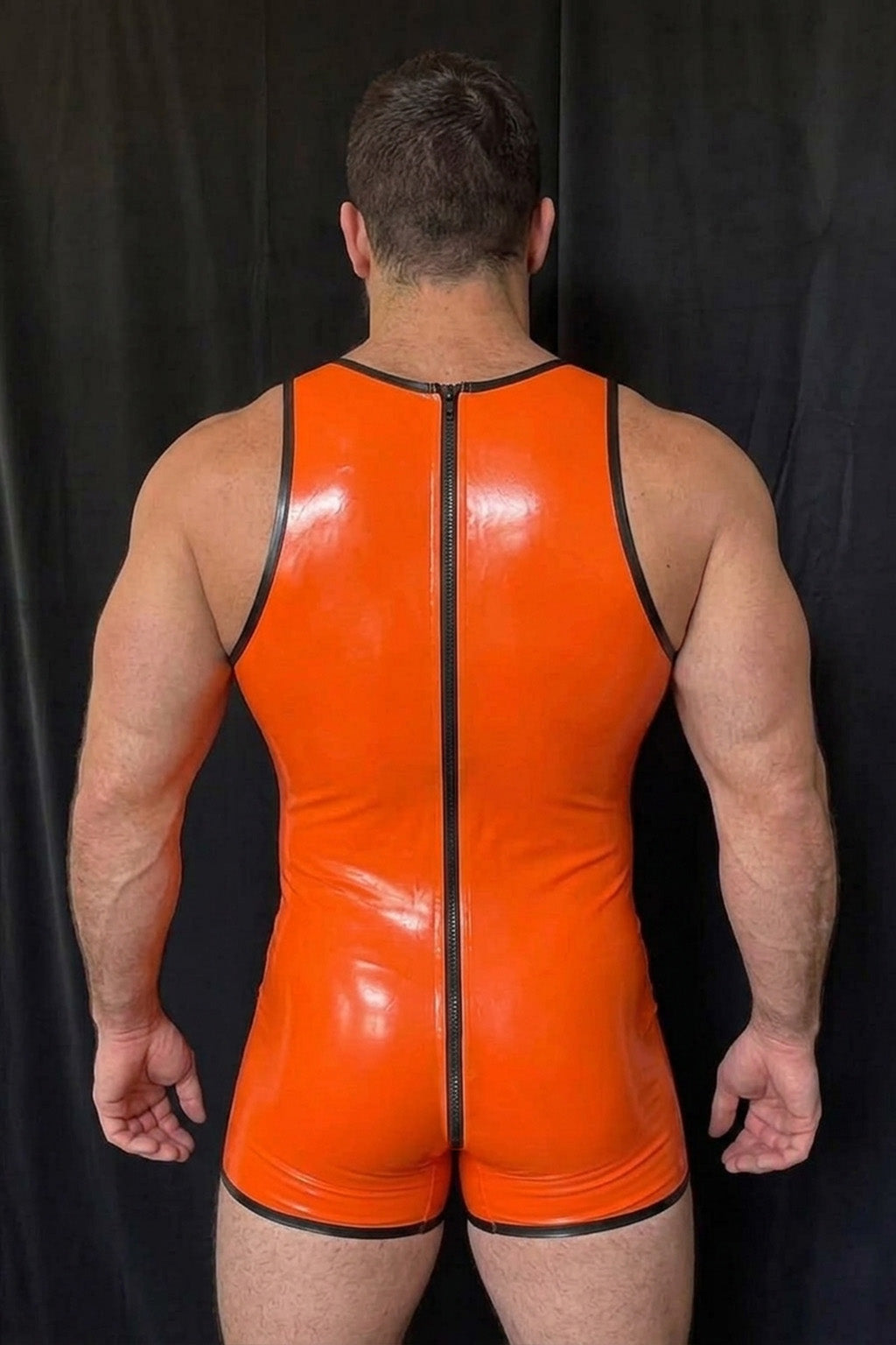 Joy-lgbt Orange Glossy Pumpkin Romper — Front-Zip Halloween Party Wear