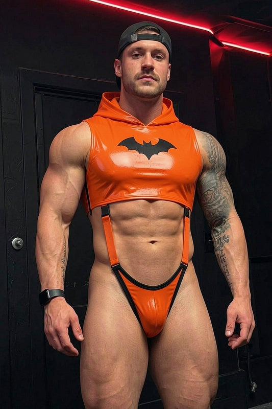 Joy-lgbt Orange Glossy Bat Print Cropped Hoodie Suspender Set
