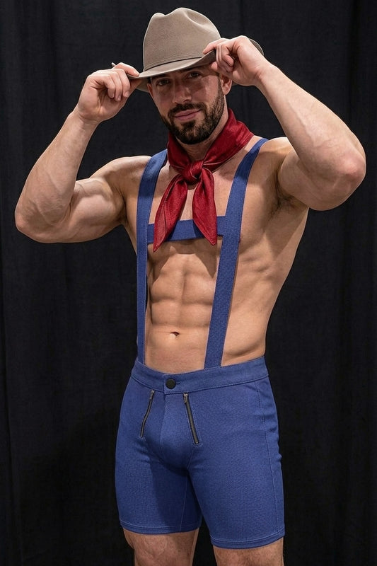 Joy-lgbt Blue Suspender Shorts Set — Classic Strap Design for Casual Party Wear