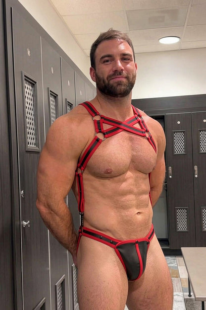 Joy-lgbt Men’s Red Black Cross Harness Thong Set — X-Frame Chest Strap Design for Party Wear