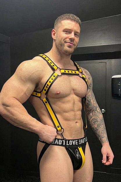 Joy-lgbt Men’s Yellow Rivet Harness Thong Set — Metal Eyelet Detail for Nightlife Wear