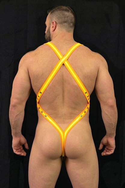 Joy-lgbt Men’s Orange Yellow Elastic Harness Thong Set — Bright Color Design for Halloween Party Wear