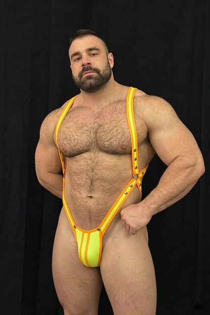 Joy-lgbt Men’s Orange Yellow Elastic Harness Thong Set — Bright Color Design for Halloween Party Wear
