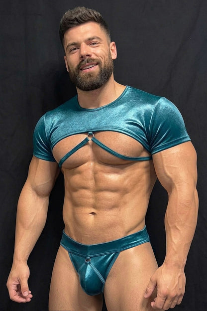 Joy-lgbt Teal Metallic Cutout Crop Top & Thong Set — Ring-Detail Chest Cut for Club & Pride Wear