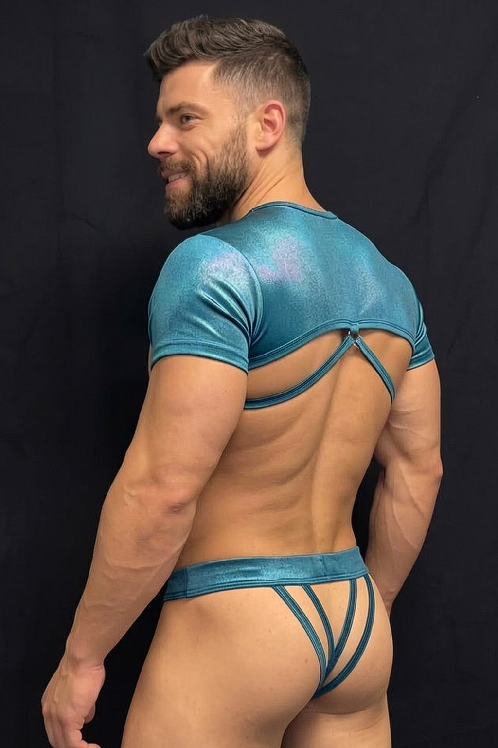 Joy-lgbt Teal Metallic Cutout Crop Top & Thong Set — Ring-Detail Chest Cut for Club & Pride Wear
