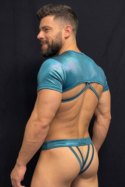 Joy-lgbt Teal Metallic Cutout Crop Top & Thong Set — Ring-Detail Chest Cut for Club & Pride Wear