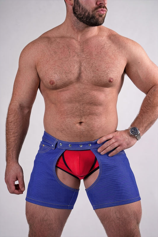 Joy-lgbt Indigo Denim-Knit Open-Front Shorts & Red Brief Set, Snap Fly Panel + Contrast Topstitch