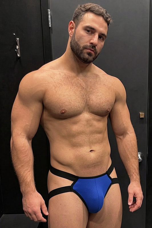 Joy-lgbt Cobalt Mesh Cutout Brief, Black Contrast Binding + Open Hip Cutouts Front and Back