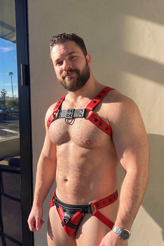 Joy-lgbt Red & Black Vegan Leather Stud Harness & Jock Set, D-Ring Chest Bar + Belted Pouch