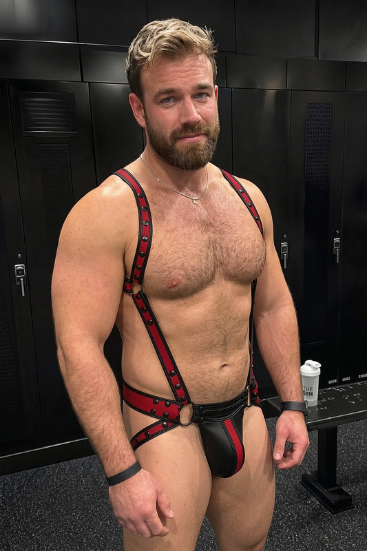 Joy-lgbt Crimson Rebel Studded Harness Singlet – Red & Black Y-Back Jock Bodysuit