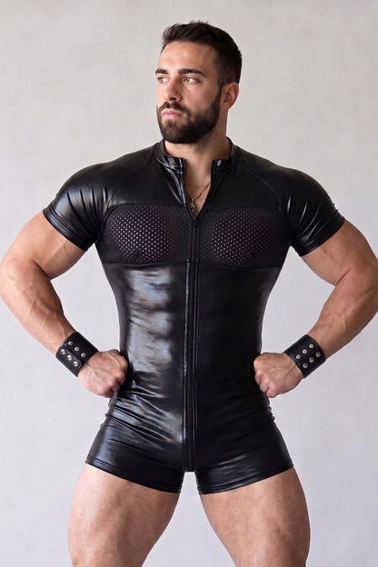 Joy-lgbt Men’s Blue Mesh Panel Short-Sleeve Fitted Romper Shorts