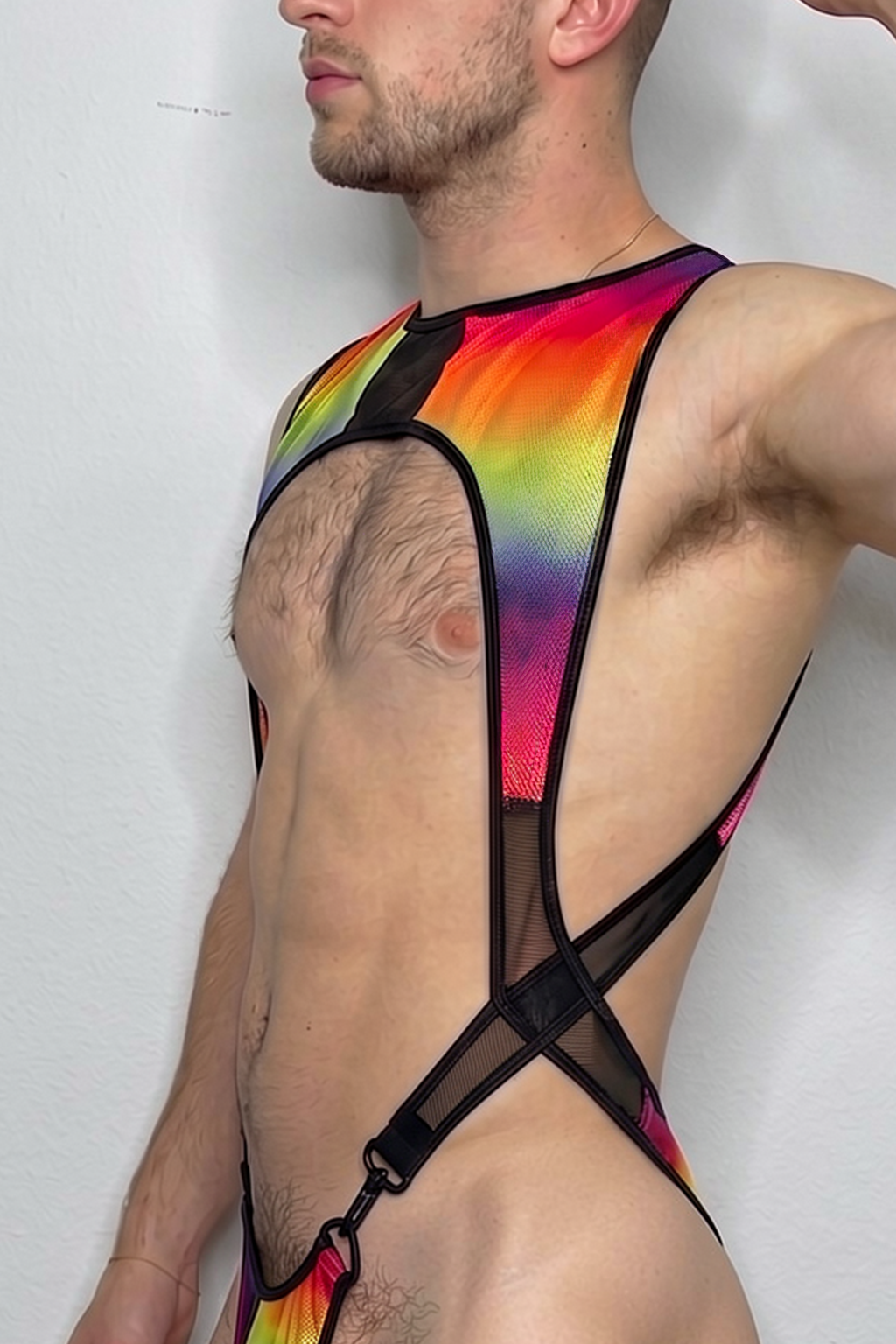 Joylgbt Men's Rainbow Gradient Cut-Out Metal-Ring Bodysuit Set